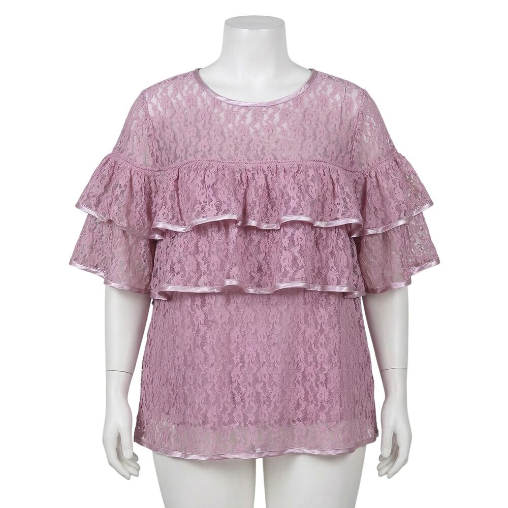 Roamans Blouse Plus 30W Pink Lace Ruffle Tiered Overlay Fairy Y2K Coquette Date